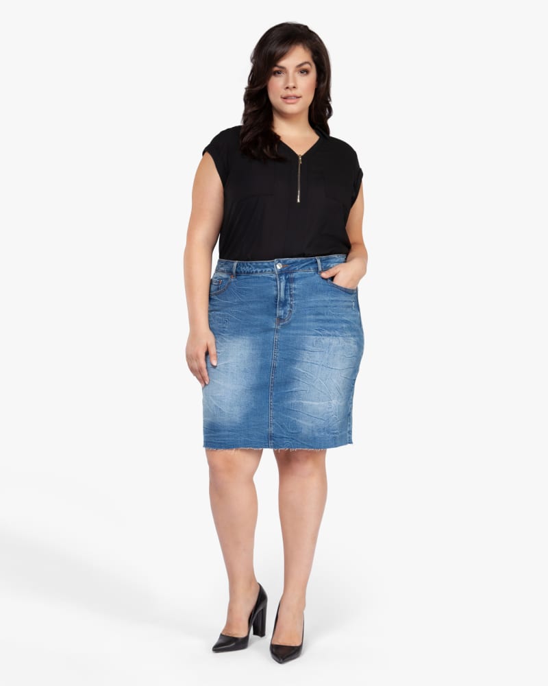 Plus size model wearing Adalyn Denim Skirt by Dex Plus | Dia&Co | dia_product_style_image_id:122676